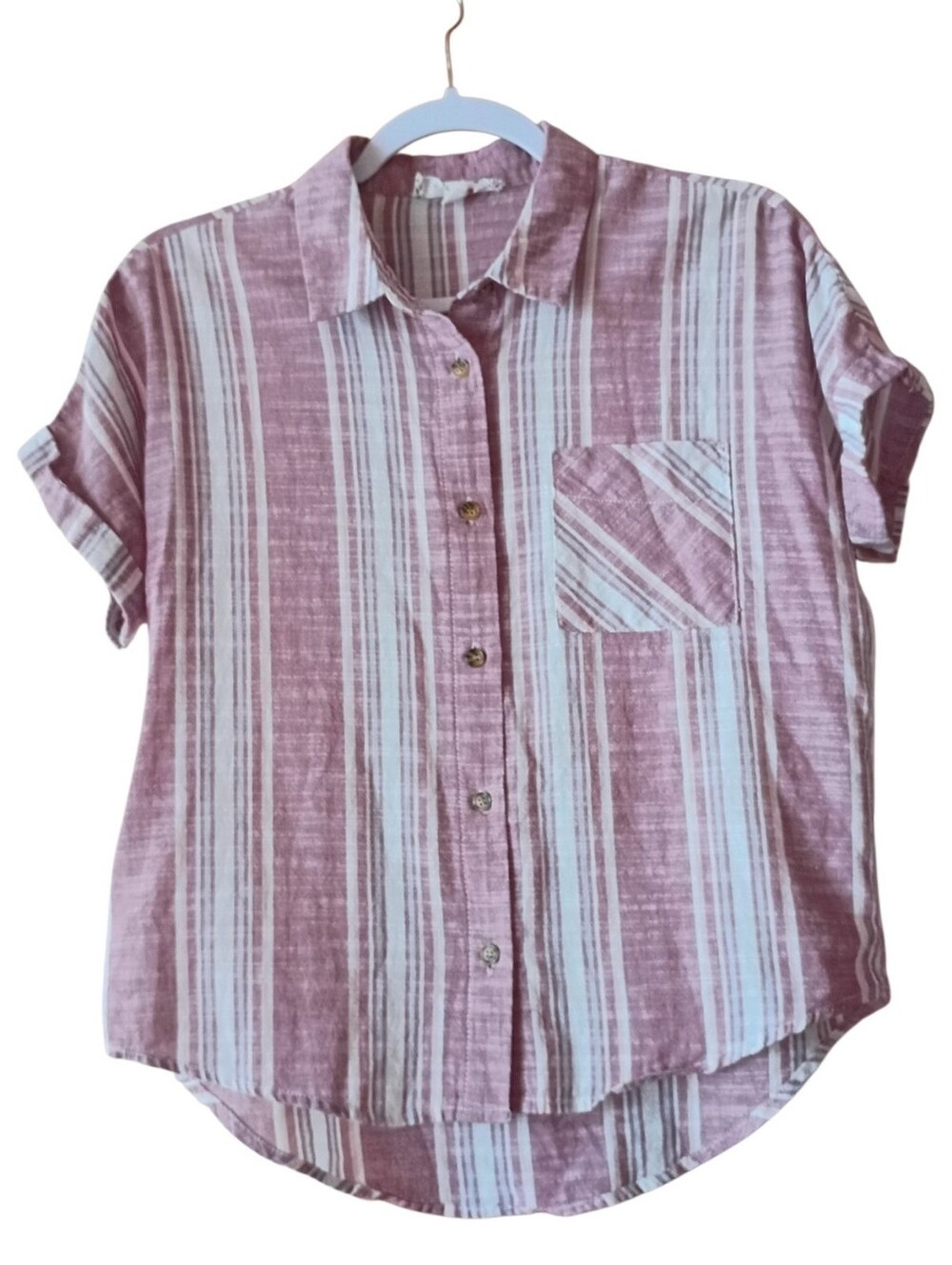 PINK ROSE Women's Blouse Top Cotton Pink Stripes Button Down SMALL